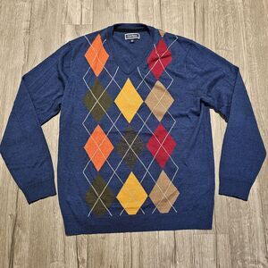 Club Room Men’s Argyle Print Merino Wool Blend V-neck Sweater Preppy Size Large